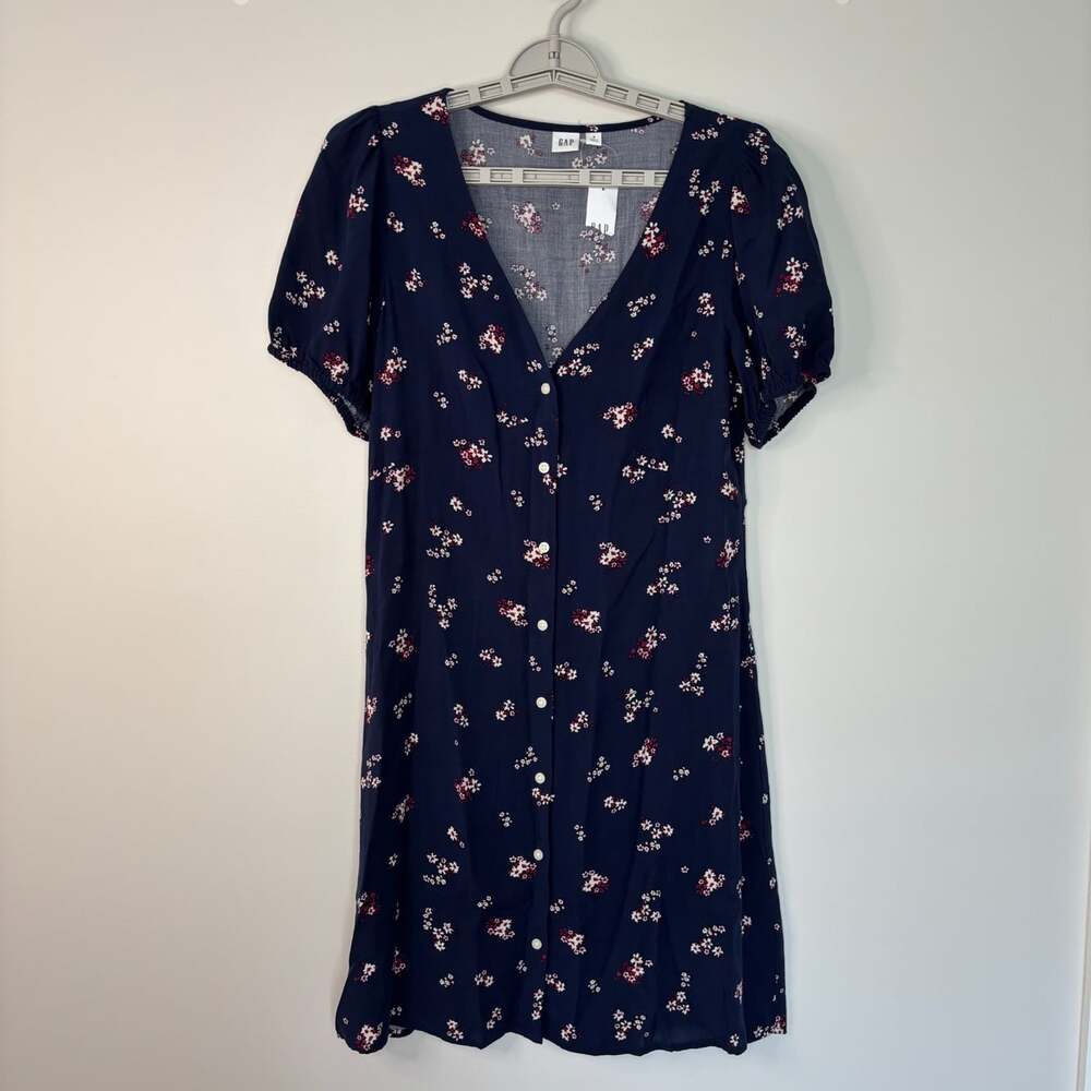 Gap NEW button-up v-neck dress womens S navy floral flowy viscose